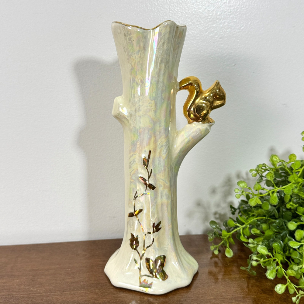 Vintage Iridescent Tree Trunk Vase Gold Squirrel Butterfly Art Pottery 8"